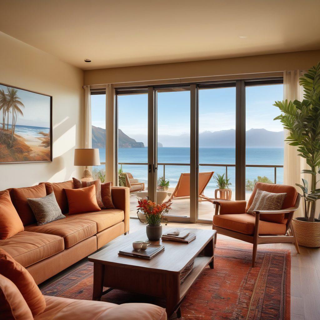 A cozy living room scene showcasing a beautifully furnished holiday rental, with a large window revealing a stunning view of a beach or mountain. Include a warm color palette, elegant furniture, lush indoor plants, and a coffee table adorned with travel brochures. In the background, showcase a glimpse of the kitchen and bedroom, emphasizing comfort and luxury. super-realistic. vibrant colors. warm tones.