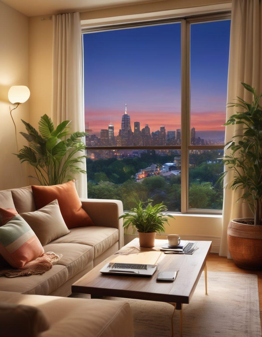A cozy living room with a laptop on a coffee table, showcasing a weekend rental vibe with plants, a plush sofa, and soft lighting. In the background, window views reveal a city skyline, transitioning into serene nature, symbolizing the choices from short to extended stays. Include subtle visual cues of travel like a suitcase and a world map. warm tones. super-realistic. vibrant colors.