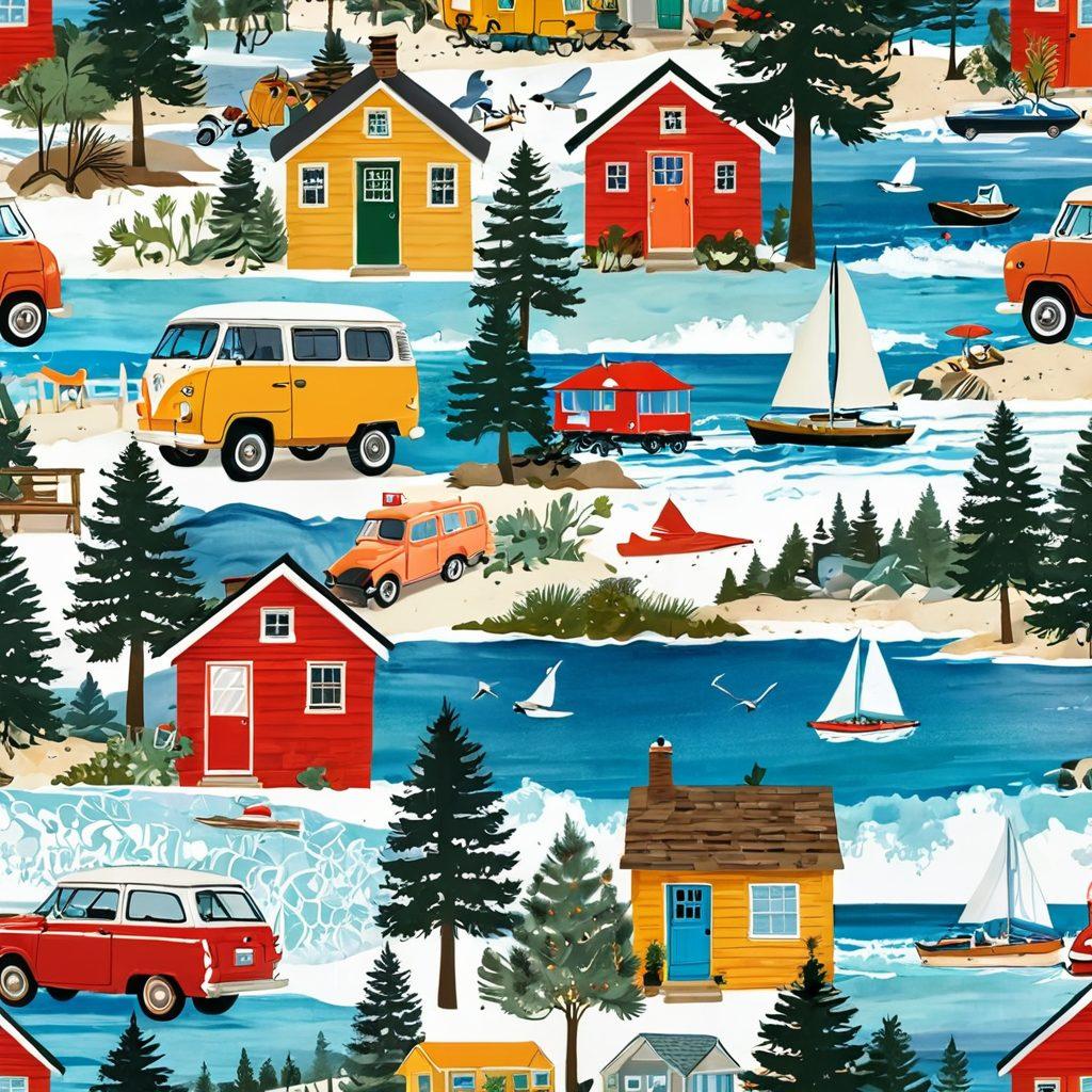 A beautiful, inviting collage featuring various holiday rental styles: a cozy cabin surrounded by pine trees, a chic urban apartment with city views, and a beach hut with ocean waves crashing nearby. Include decorative elements like travel icons (suitcases, maps) and warm, welcoming colors to evoke a sense of adventure and comfort. Detailed and vibrant, capturing the essence of different stays. super-realistic. vibrant colors. white background.